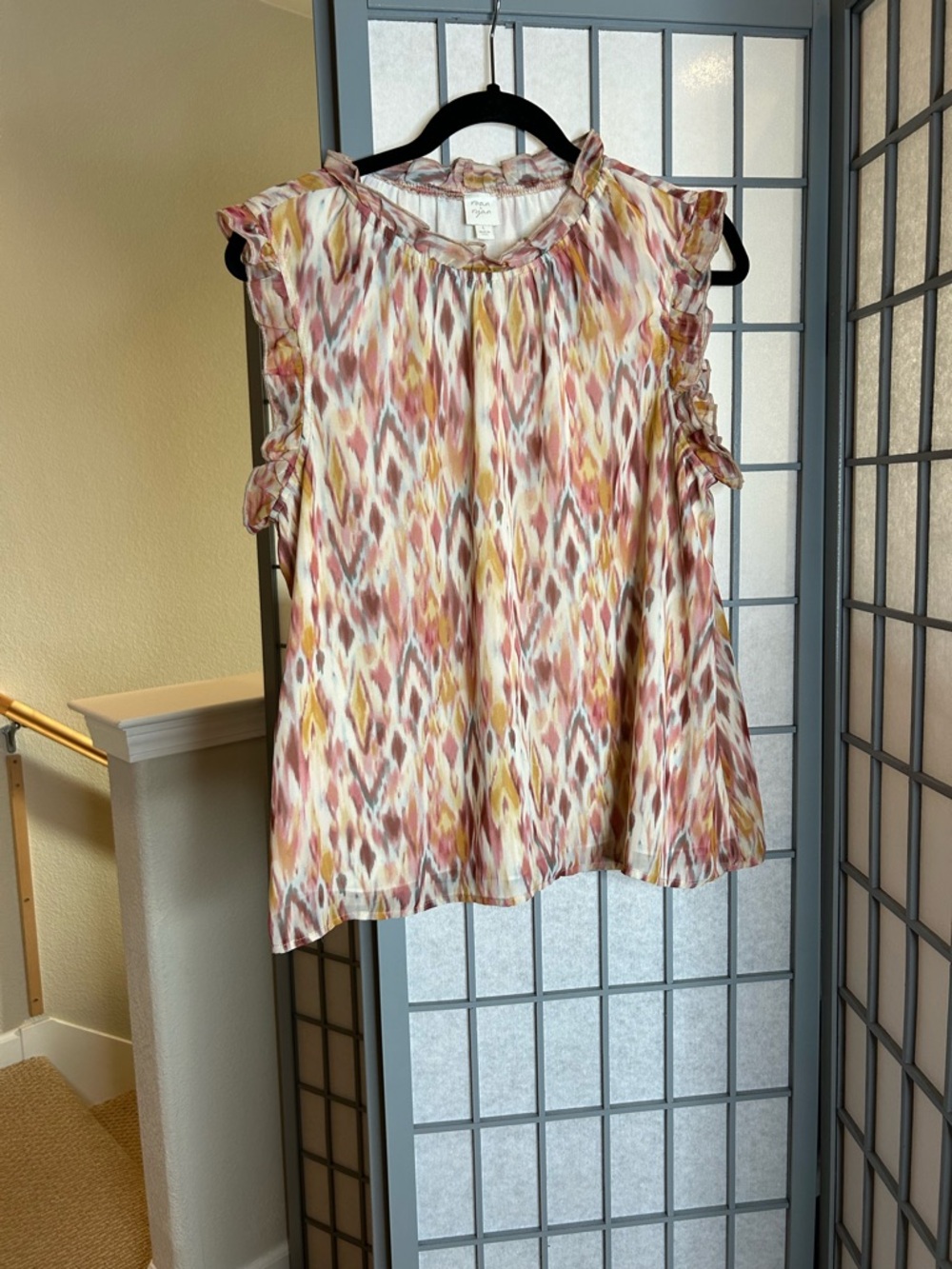 Evereve Roan & Ryan Sleeveless Ruffle Ikat Print Top in Pink and Mustard